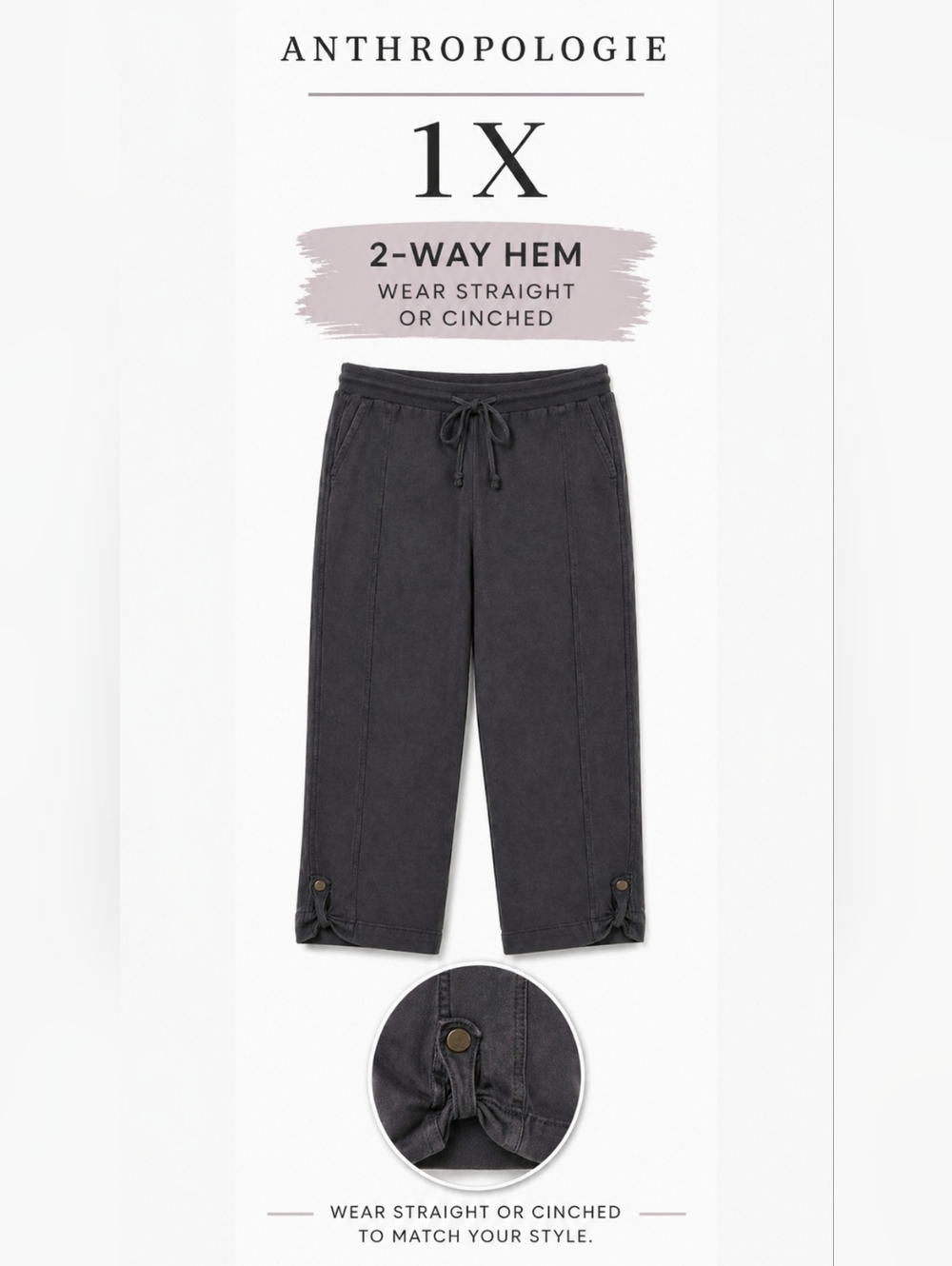 Anthropologie Charcoal Gray Cargo Pants 1X Relaxed Fit Drawstring Chic